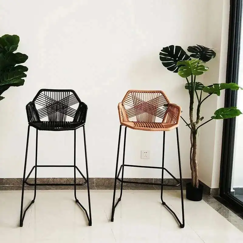 Stołek barowy w stylu nordyckim Minimalistyczny Nowoczesny Wysoki Stołek Krzesło z Rattanu Wypoczynkowe Oparcie Proste Krzesło Barowe do Domu Kreatywne Stołki Barowe