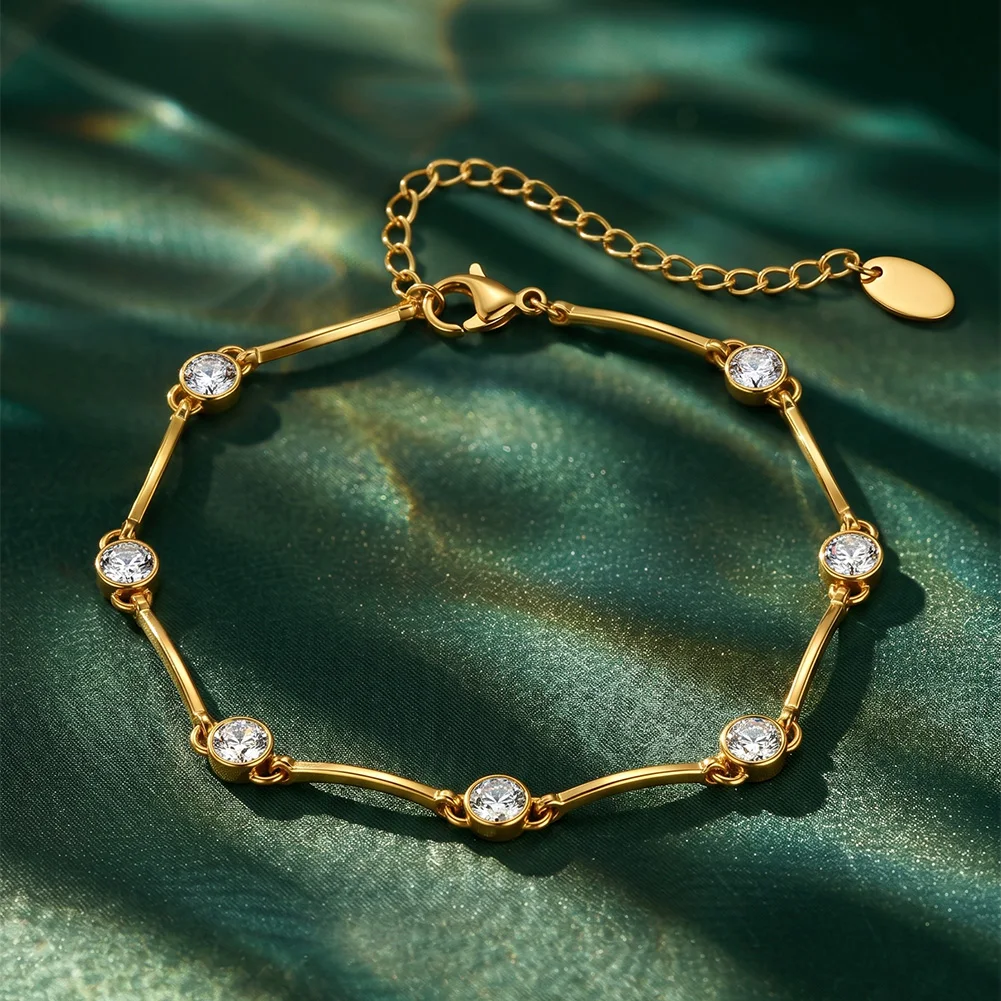 KISS MANDY Stainless Steel 18K Gold Plated CZ Bangle Bracelet For Women Wedding Charm Cubic Zirconia Link Chain Bracelet HTKB02