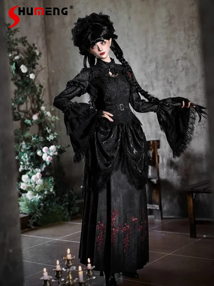 

Original Gothic Dark Lolita Cos Dress Set for Women Slim Fit Elegant Court Style Vintage Fishbone Brooch Skirt Waistcoat Set