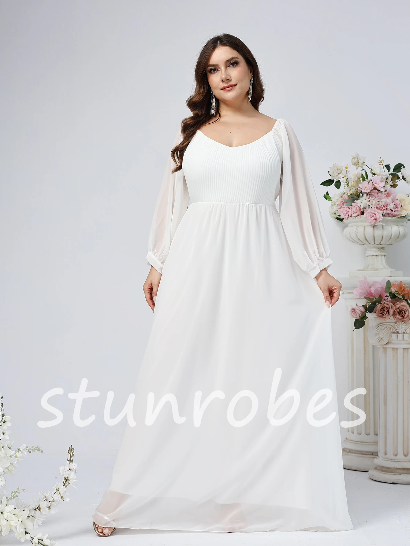 Robe de mariée blanche classique à manches longues, col carré, dos nu simple avec nœud, robe de mariée campagnarde