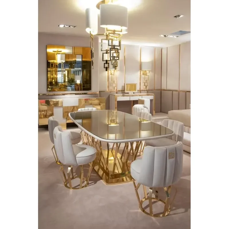 Newest High Quality Gold Stainless Steel Dining Table Chairs Mirror Top Restaurant Table for Home Hotel