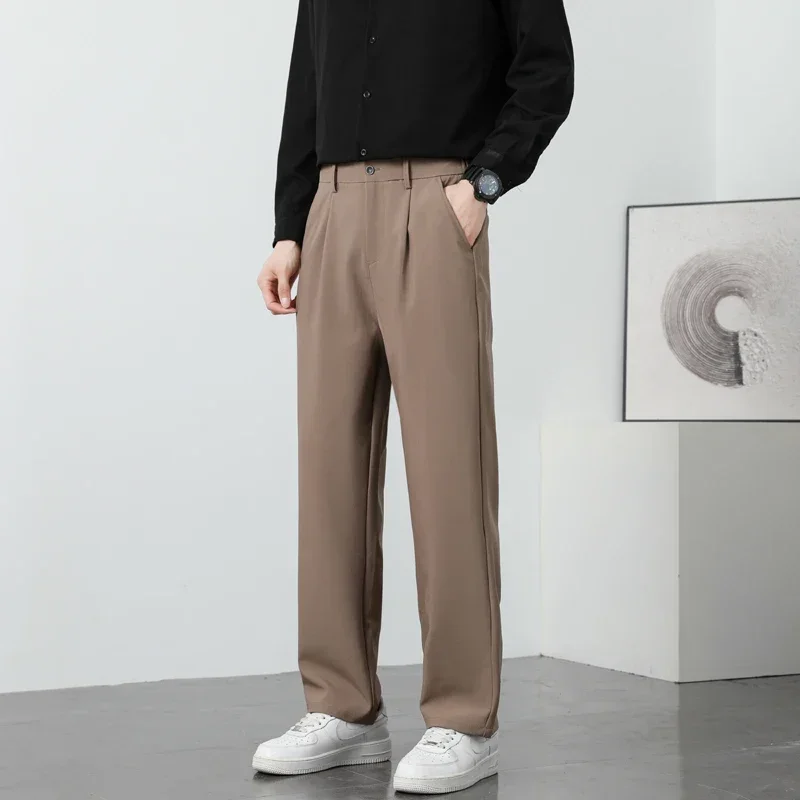 2026 Man's Loose Suit Pants Classic Straight Solid Color Drape Elastic Business Office Worker Casual Trousers Brown Khaki Gray