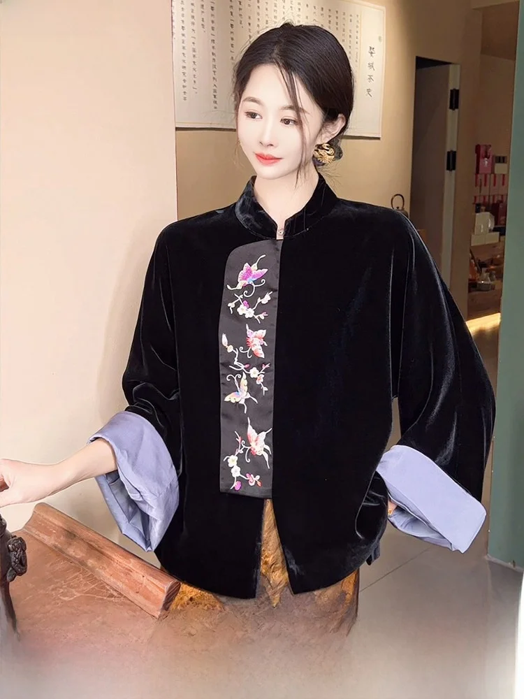 

Новый китайский шелковый бархатный комплект для женщин: высококачественный шелковый топ и пальто с длинными рукавами и воротником-стойкой