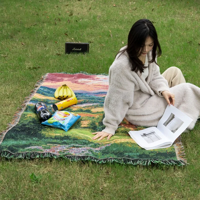 Camping Blanket Moisture-Proof Picnic Mat Polyester Cotton Jacquard Tapestry Ins Style Sofa Throw Blanket Sofa Cover Blanket