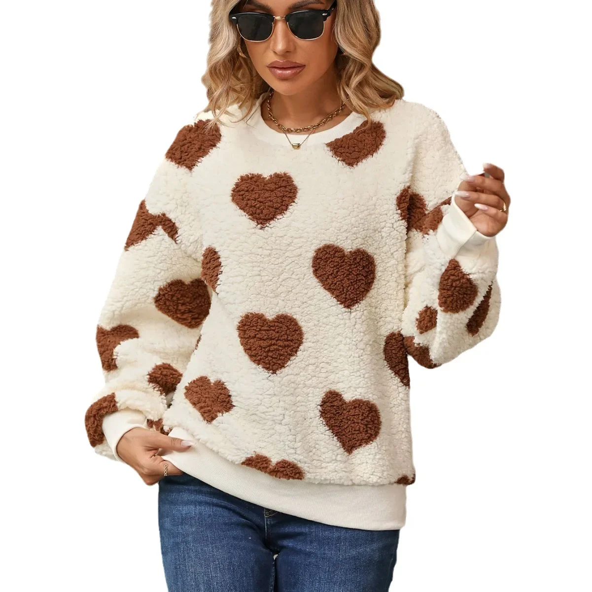 Autumn Winter New Fashion Plush Love Printed Women Casual Loose Top Simple Long Sleeve Lady Round Neck Hoodie