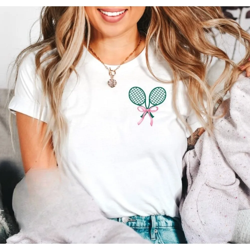 Tennis Coquette Shirt Tennis Enthusiast Women Tshirt Game Day Sports Shirt Fashionable Casual Summer Round Neck Short Sleeve