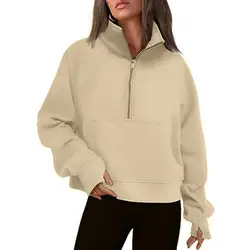 Women Sweatshirt Solid Color Sweatshirt Cozy Plush Half Zip Sweatshirt for Women Warm Winter Pullover with Stand-up Collar Patch