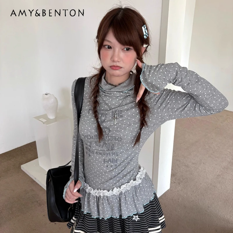 

Новая осенняя светло-серая женская рубашка в горошек с кружевом в американском стиле ретро, утягивающий универсальный топ с длинными рукавами, женский топ