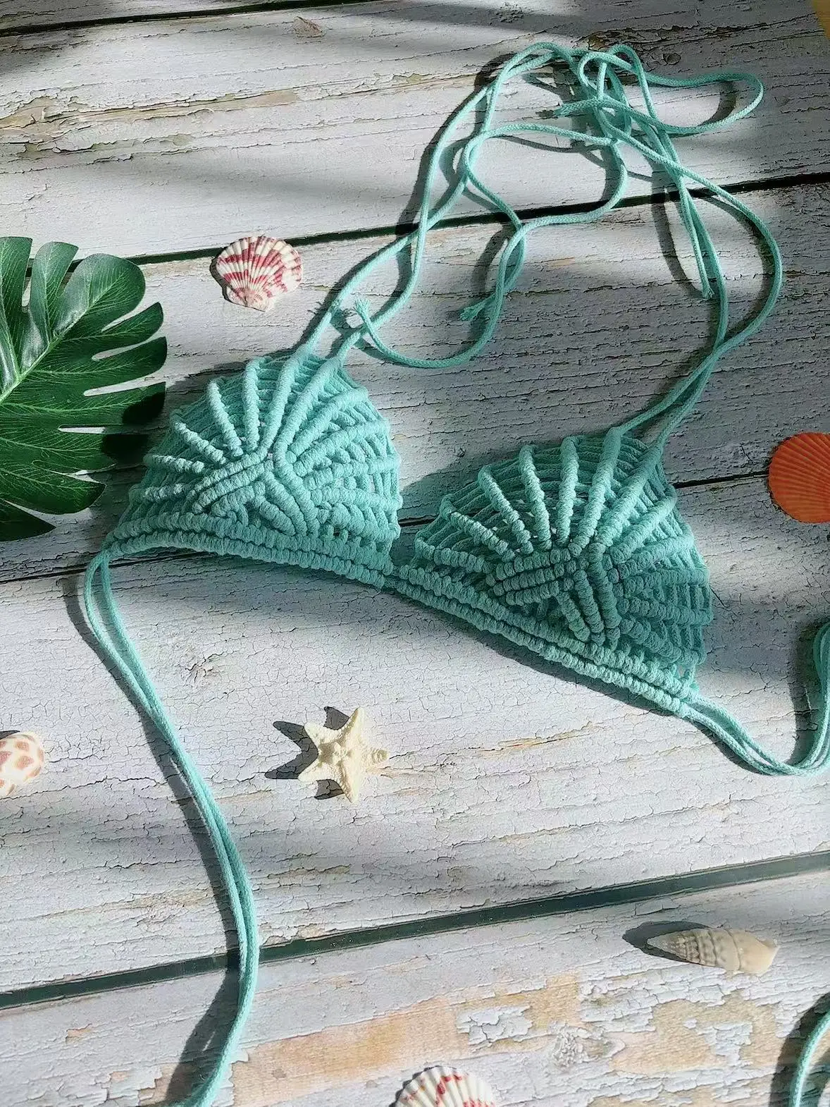 ハンドメイドの青い貝殻マクラメブラ、女神マーメイドビスチェ、ボヘミアンビキニトップ、ビーチカバーアップ、セクシー水着、レイブ衣装、編み込みトップ