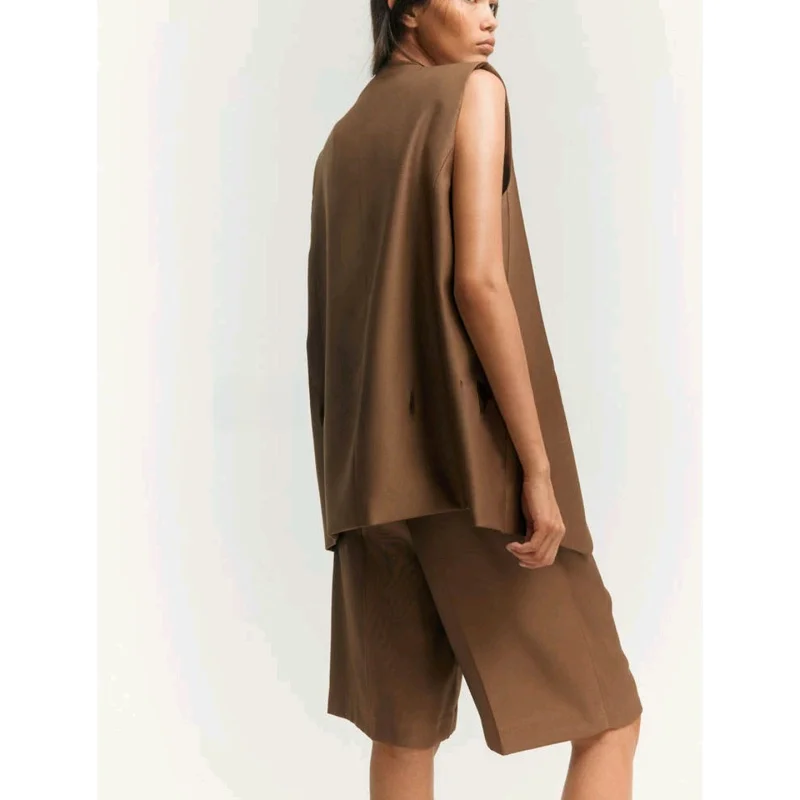 Autumn New Women's Loose V-ne Commuter Jaet High Waist Bermuda orts Two-piece Set Casual Sle Adult Faion Ensemble