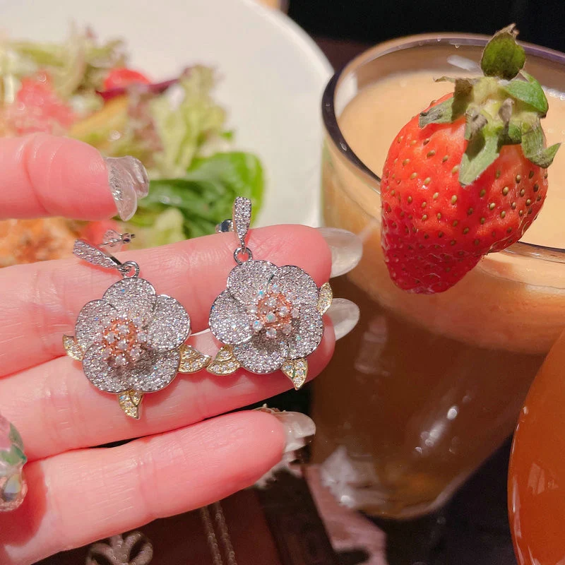 Romantic and exquisite engagement jewelry sets silver 925 luxurious diamond inlay pink flower earrings rings necklaces gifts