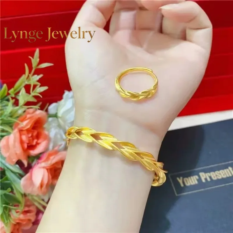 

Lynge Jewelry 24K gold wheat ear matte open bracelet 9999 real gold wheat ear matte ring bracelet set women's jewelry