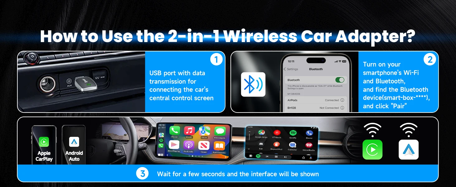 Wireless CarPlay Adapter, 2-in-1 CarPlay & Android Auto Adapter – Mini Snug Fit Design, Convert Factory Wired to Wireless for iPhone iOS 10+ & Android 11