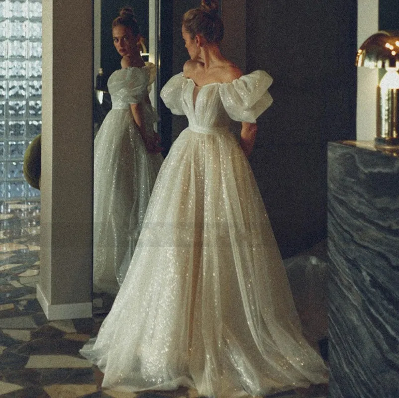 Vestido de casamento brilhante lantejoulas com manga curta Puff, vestidos de noiva princesa, personalizado, querida, 2024