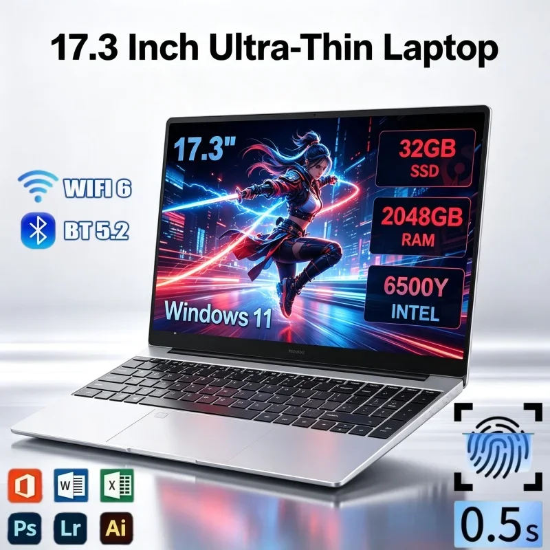 17.3 Inch Laptop Intel 6500Y Processor Windows11 32GB RAM 2TB SSD Fingerprint Recognition Notebook For Freelance Work & Media