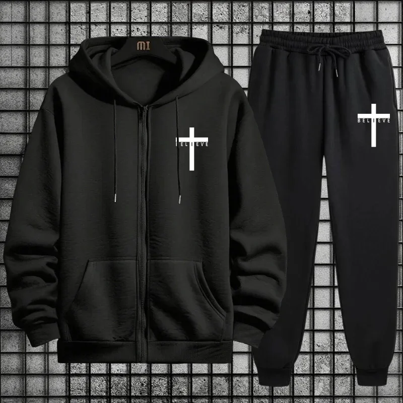 2026 Men's Tracksuit Clothing Set Zipper Crucifix Printed Hoodie Sweatpants Hooded Long Sleeve Sportswear Sweatshirt Suits