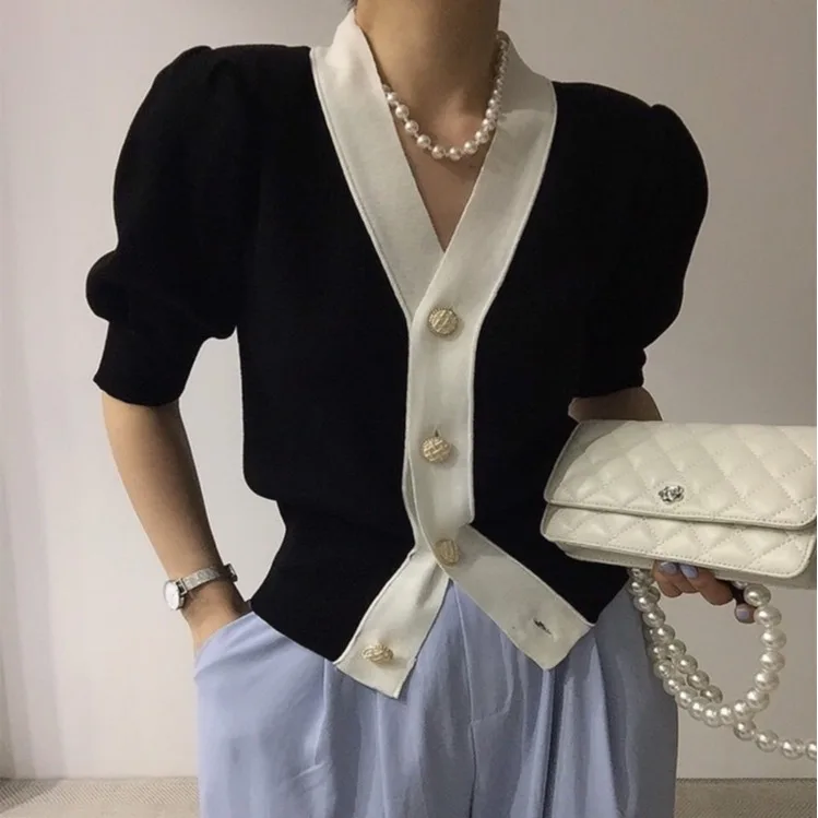 Suéter de Punto Retro con Cuello en V y Manga Corta para Mujer, Verano 2025, Nuevo Diseño Coreano, Cárdigan ro Abierto, E...