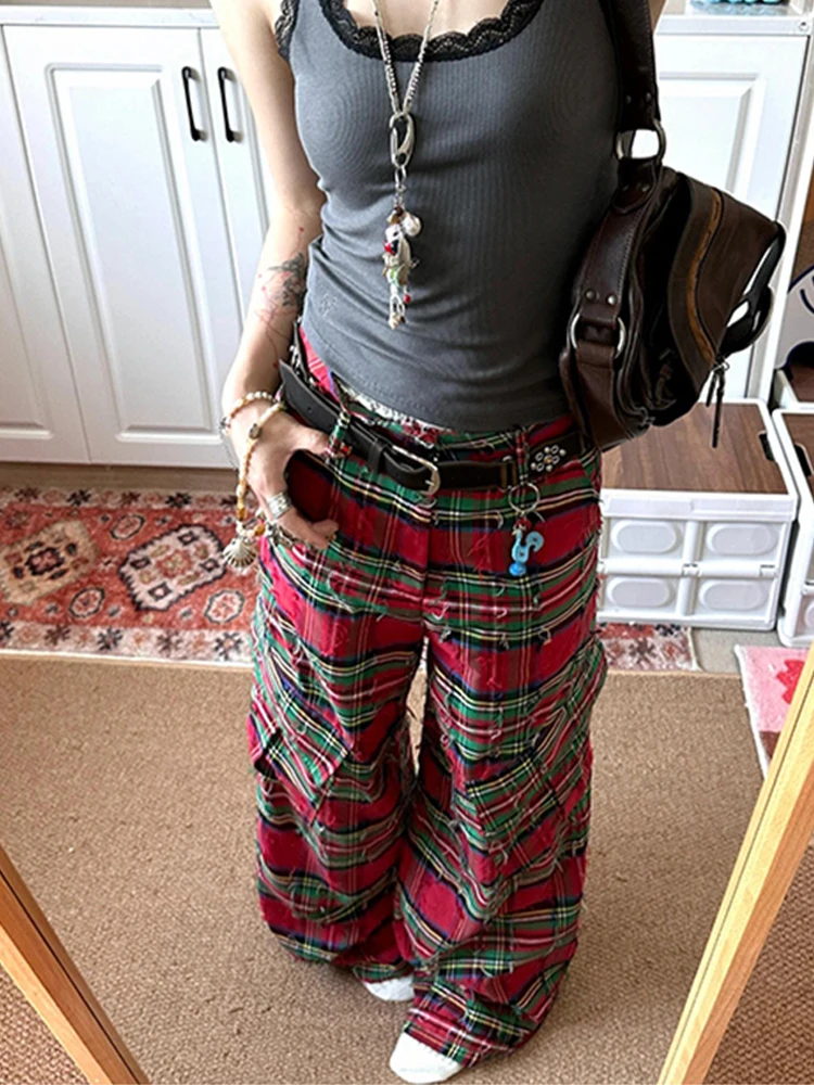 American style retro red checkered cargo casual pants women autumn 2025 design sense brushed heavy industry wide leg pants
