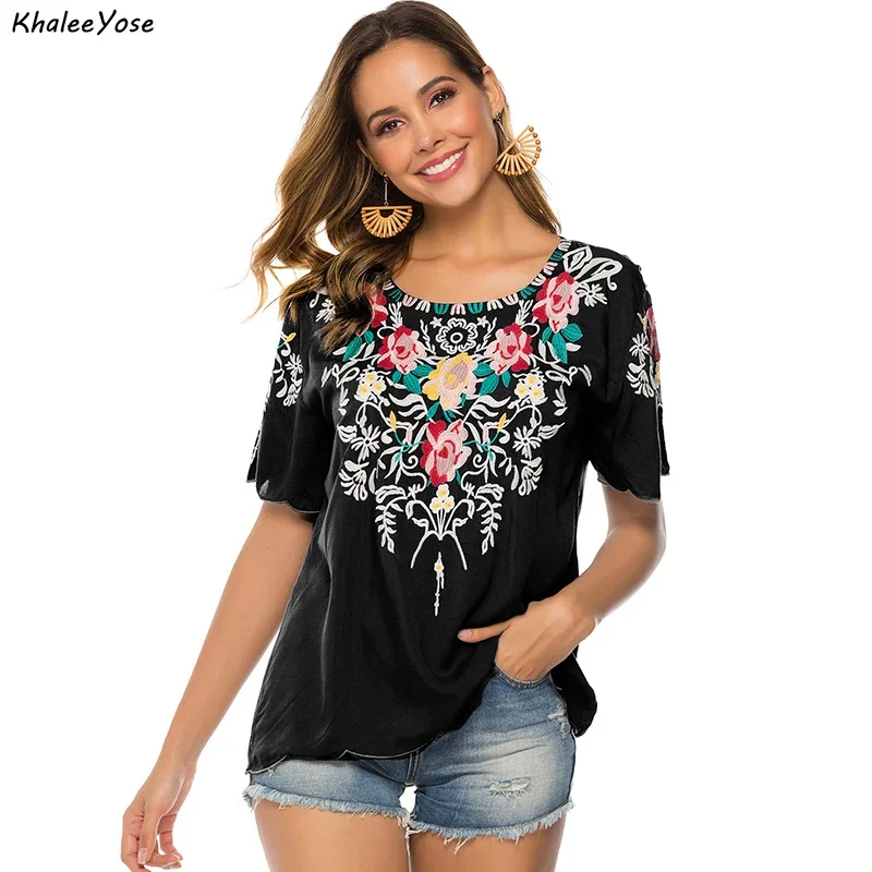 KHALEE YOSE Floral Embroidery Blouses Top Loose Summer Boho Mexican Women Shirt Short Sleeve 23xl Ethnic Hippie Shirt Blouse