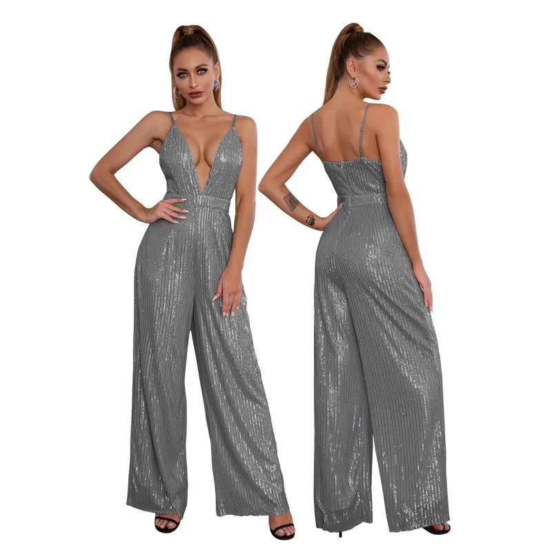 Sexy sequins one piece jumpsuit women spaghetti strap deep v neck club wear jumpsuits