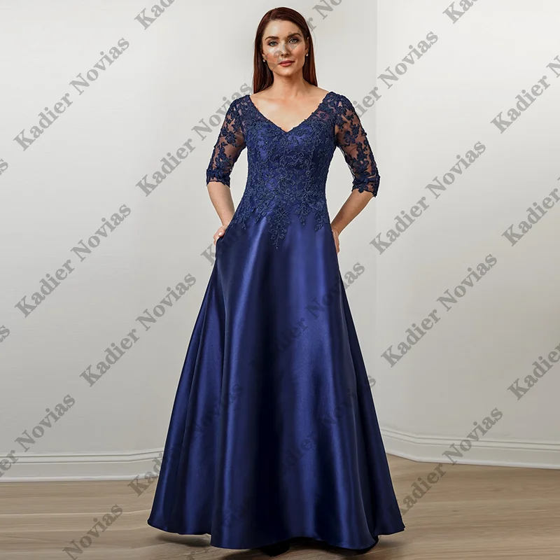 

Long Arabic Navy Blue Satin Mother of the Bride Robe Mere De La Mariee Customized Wedding Evening Party Dresses
