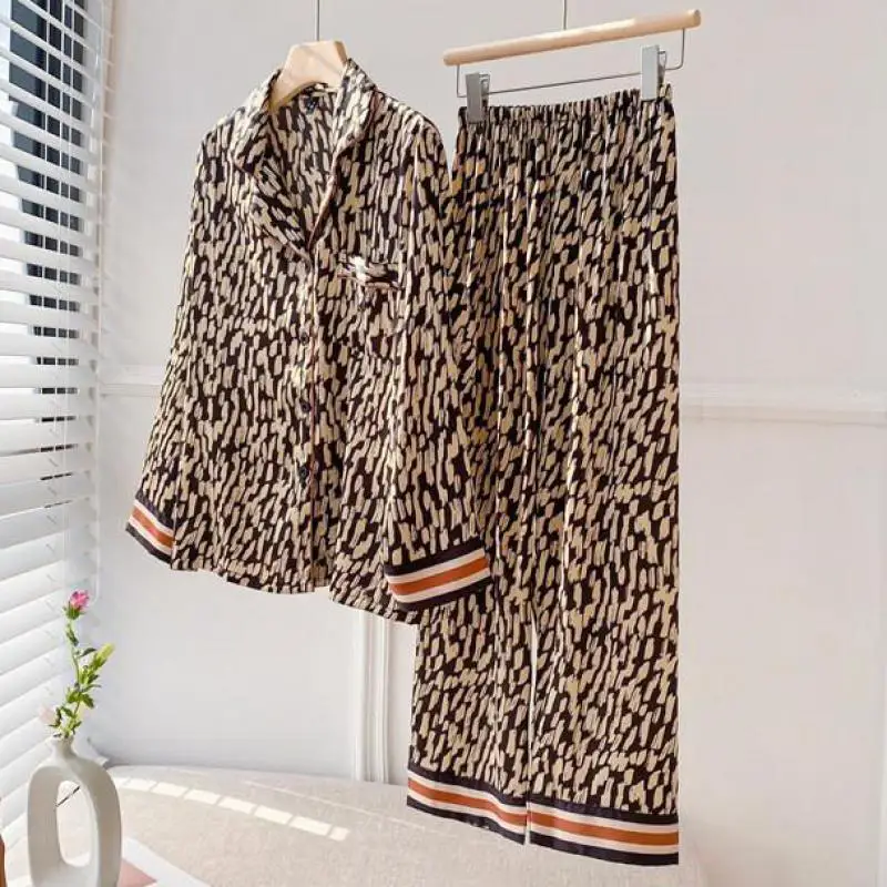 

Sexy Leopard 2PCS Pajamas Suit Women Long Sleeve Satin Home Clothing Intimate Lingerie Casual Spring New Sleep Set Pyjamas