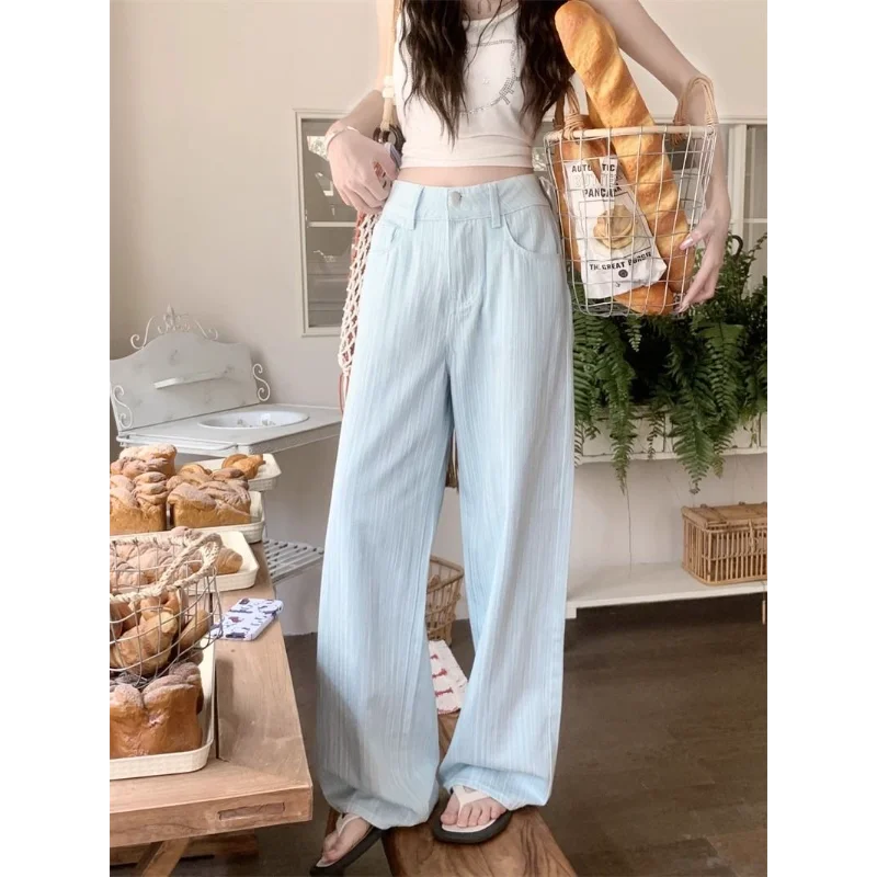 Jeans a righe rosa testurizzati per donna Pantaloni lunghi casual dritti a vita alta sottili estivi