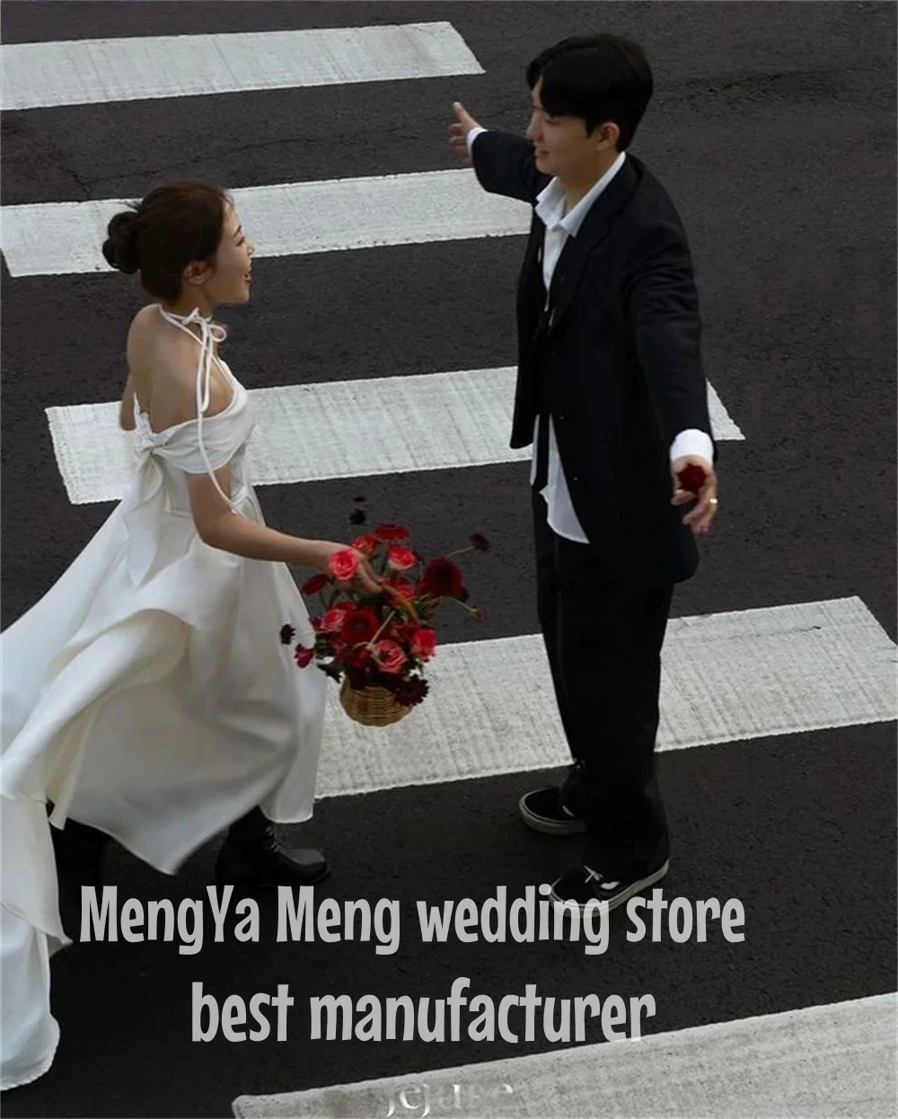 ZHUISHU 간단한 실크 새틴 파티 드레스 사진 촬영 원 숄더 티 길이 신부 가운 코르셋 백 맞춤 제작 한국 결혼식