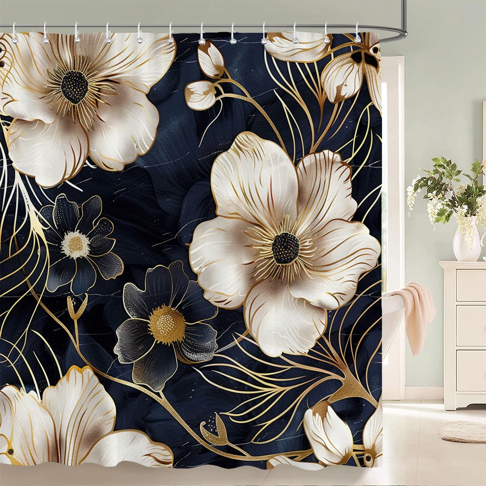 

Home shower curtains for bathroom waterproof fabric Black and gold Flower bathroom Curtains with hooks decorative curtain