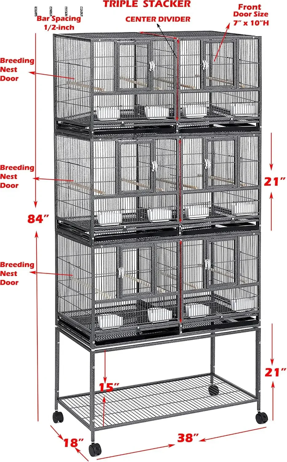 Triple Stackable Sturdy Wrought Iron Center Divided Breeder Breeding Bird Flight Double Rolling Cage Side Nesting Doors Easy Cle