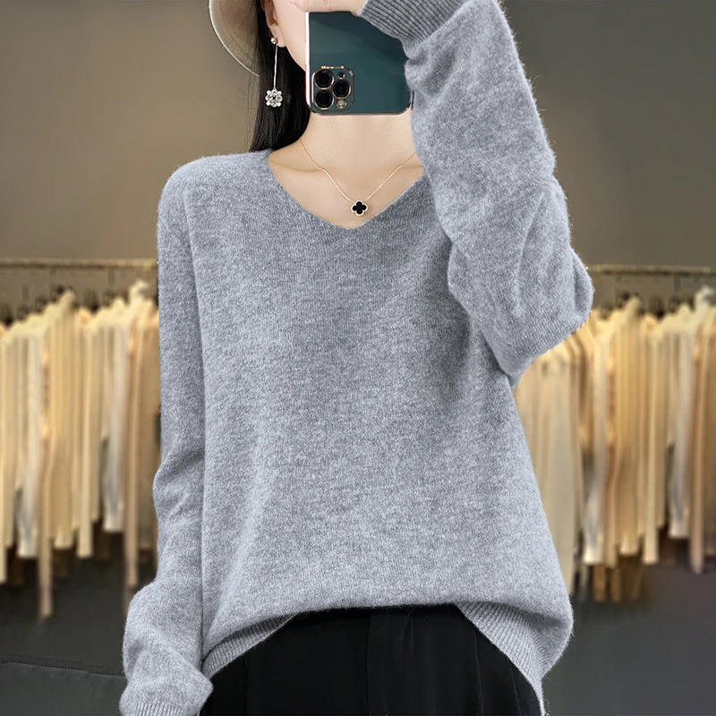 Nuovo pullover con scollo a V a maniche lunghe, maglione lavorato a maglia autunno e inverno da donna in tinta unita alla moda e confortevole - WQ103