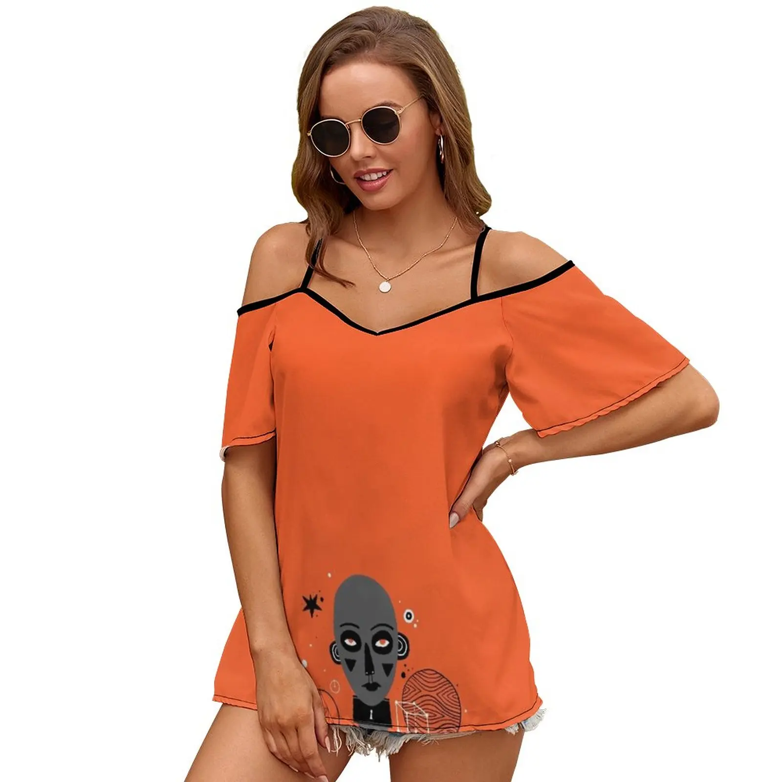 Orange Background Slit Sleeve Cold Shoulder Print Women T Shirt Casual Summer Tee Tshirt Loose Top Portrait Orange Key Collar