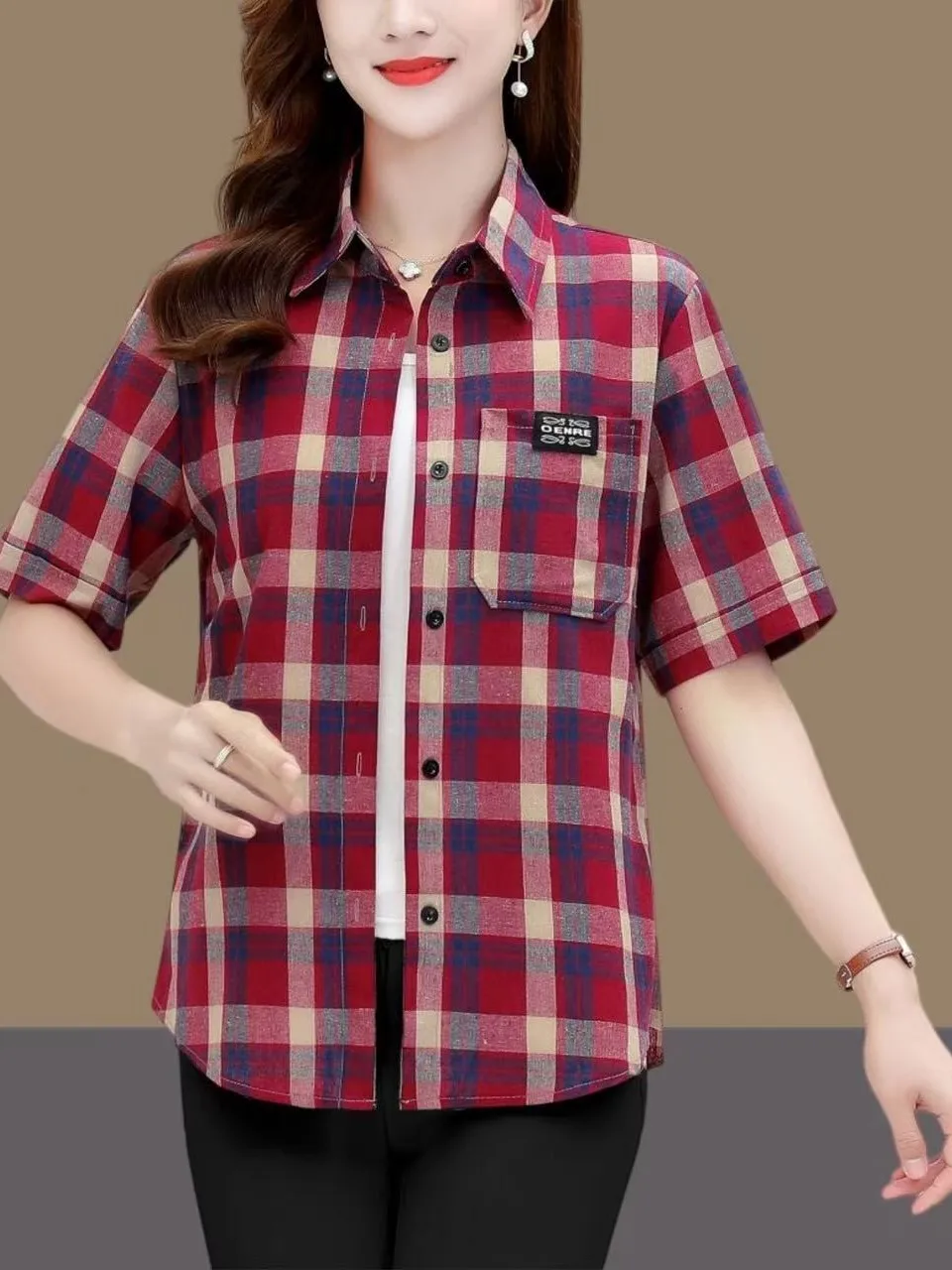 

Casual Plaid Short Sleeve Shirt for Middle-Aged And Elderly Women Spring 2026 Pure Cotton Loose Fit Button down Cardigan