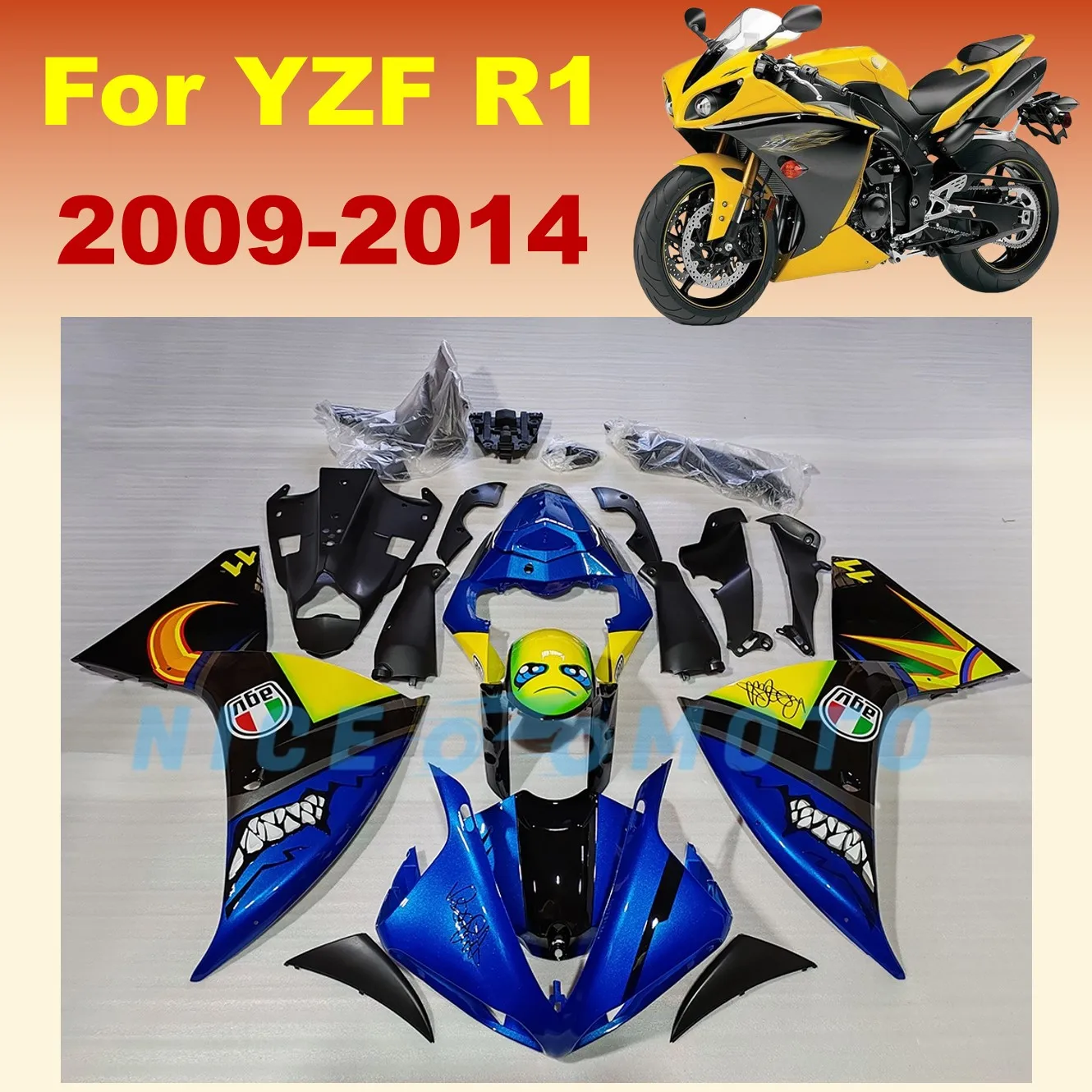 New ABS Motorcycle Fairing Kit For YAMAHA YZF R1 2009 2010 2011 2012 2013 2014 YZFR YZF-R1 Blue Shark shell Bodywork set