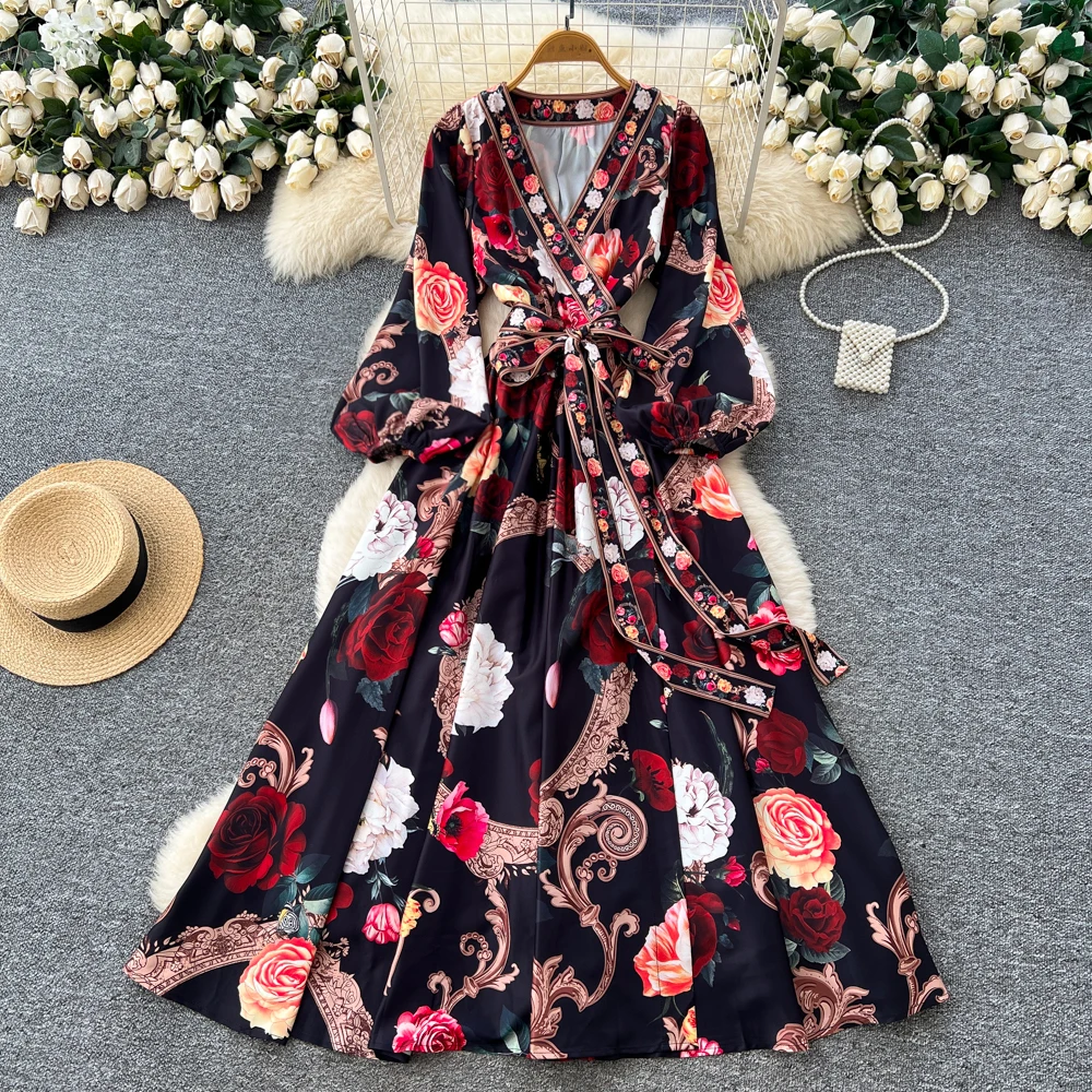 Robe rétro élégante, col en v, imprimé fendu, manches longues, décontractée, taille haute, vêtements pour femmes, robes de cérémonie