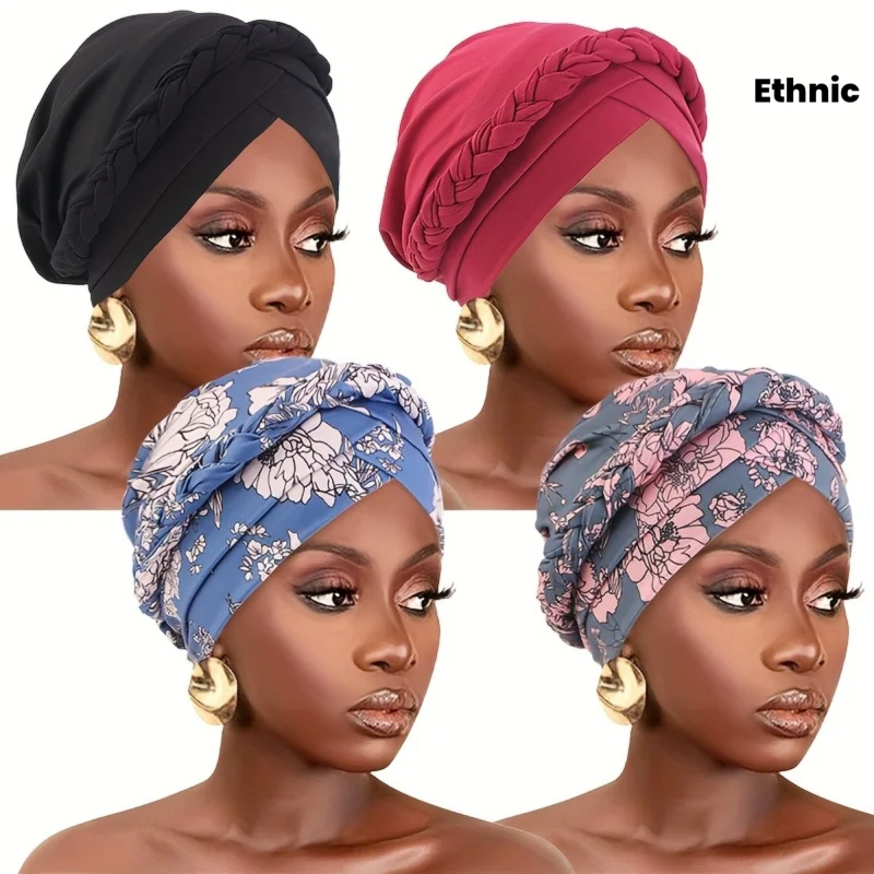 

4pcs Set Printed Twisted Braid Double Cross Headscarf Hat Solid Color Bohemian Head Wrap Ethnic Style Headscarf Muslim Cap