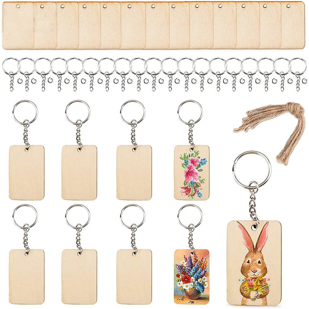 60Pcs/Set Blank Wooden Key Chains Rectangle Wood Key Chain Tags With Key Rings Jute Rope For DIY Craft Supplies