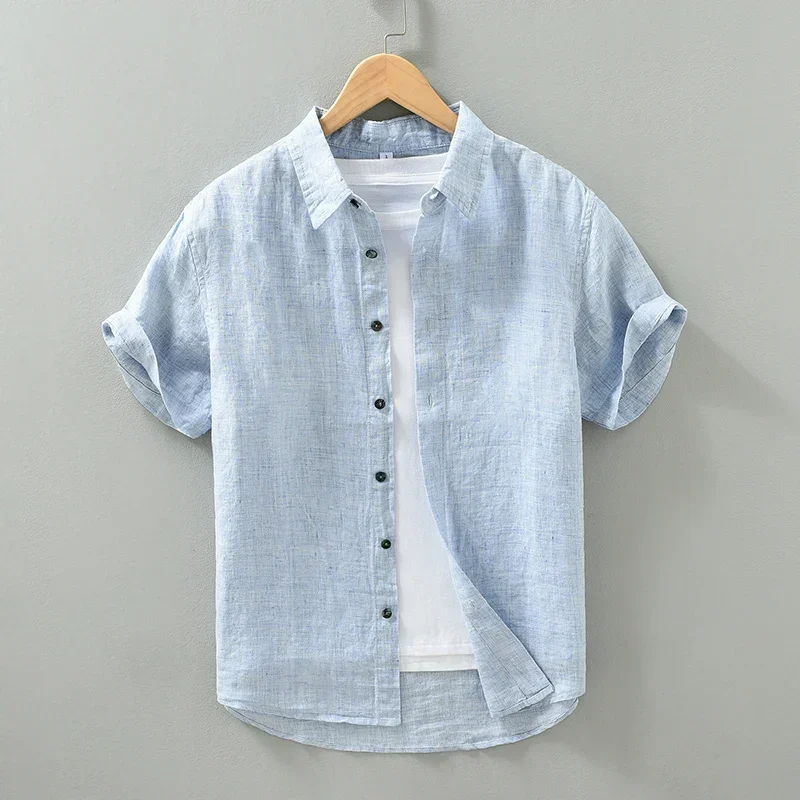 Pure Linen Casual Shirts Men Casual Fashion Solid Short Sleeve Shirt Man Large Size Button-up Shirt