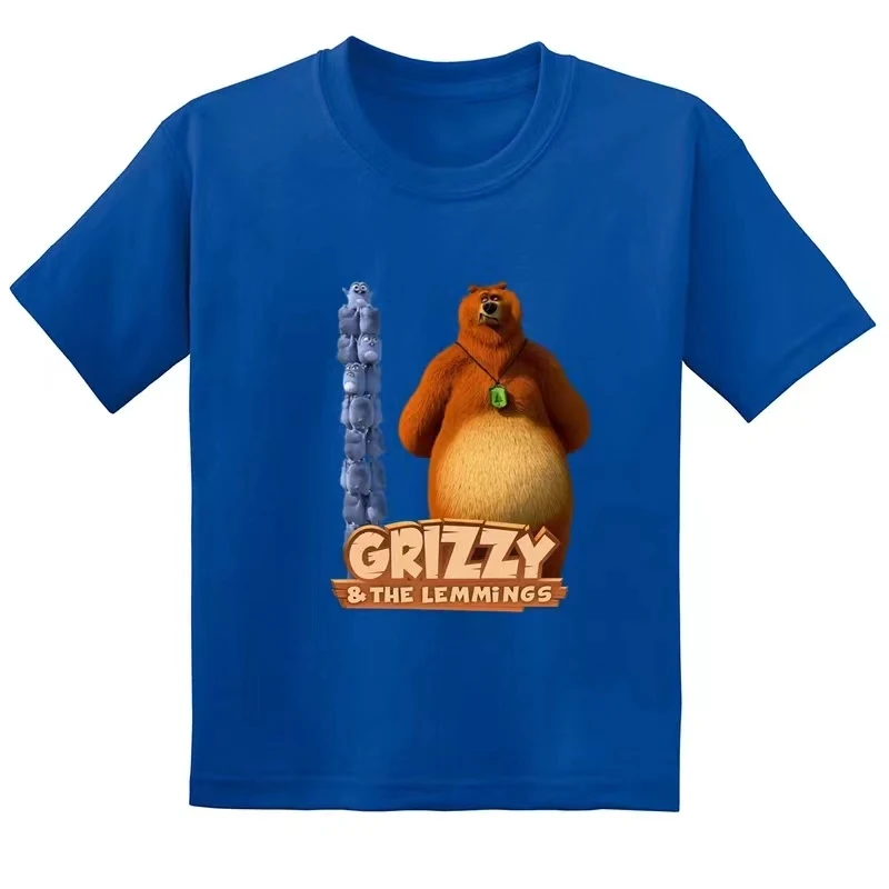 Kids Funny T shirt Sunlight Grizzy Bear Cute Lemmings Print Cartoon Baby Boys Girls Clothes Summer Children Cotton Soft T-Shirt