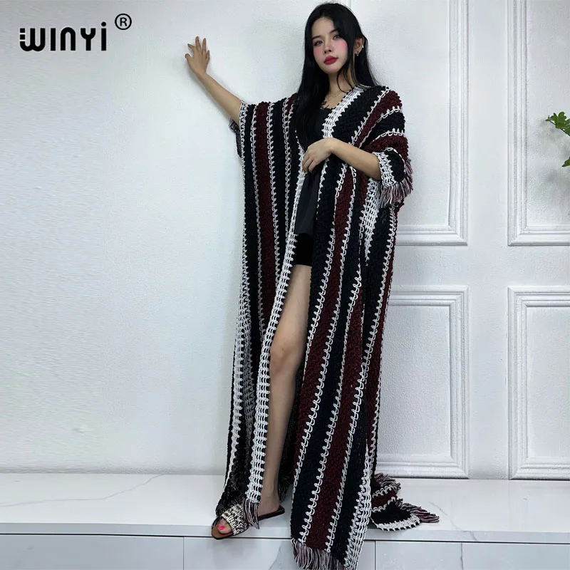 

WINYI winter catwalk coat for women boho print tassel Luxury Long Fur Loose OverCoat Thick Warm long down coat fashion jacket