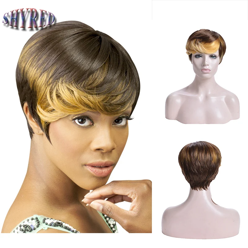 

Synthetic Short Pixie Cut Hair Wigs with Wavy Bangs Ombre Brown Mixed Yellown Wigs for Black/White Women Curly Hairstyles