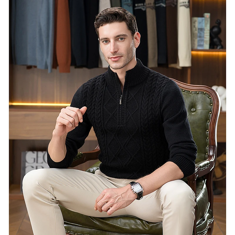 เสื้อสเวตเตอร์ผู้ชายแฟชั่นใหม่ แนวหนา ปี 2025 แฟชั่นฤดูหนาว คอตั้ง ถักลาย Argyle แขนยาว อุ่น ซิป