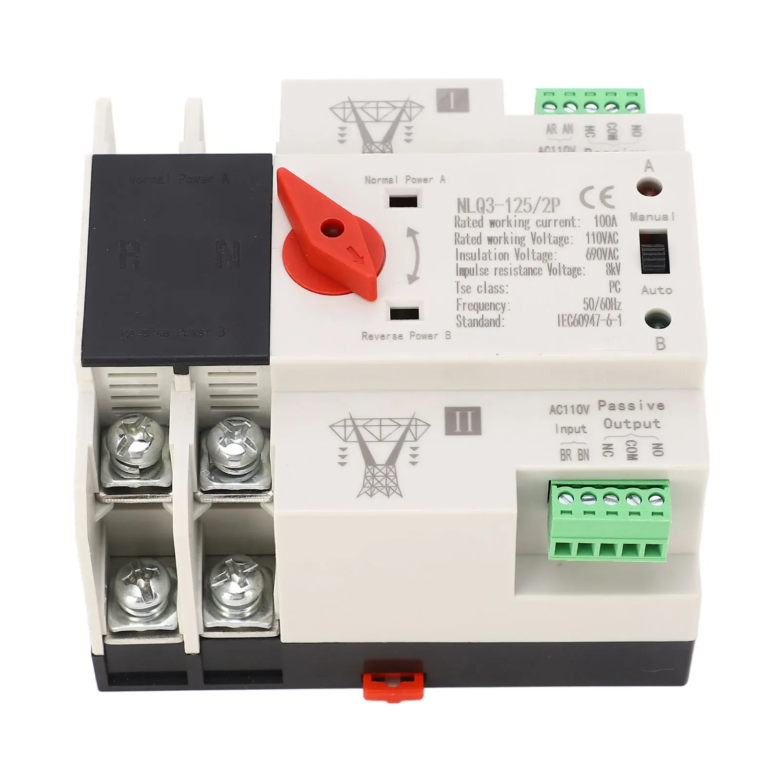 

AC110V 100A Dual Power Automatic Transfer Switch 35mm Rail Mounting 2P ATS Generator Transfer Changeover Switch