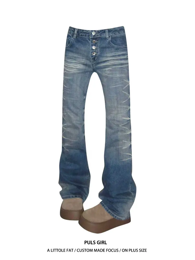 

High Waist Bell Bottom Women's Jeans Large Size Street Style Washed Buckle Slimming Long Pants Casual Wear for Ladies