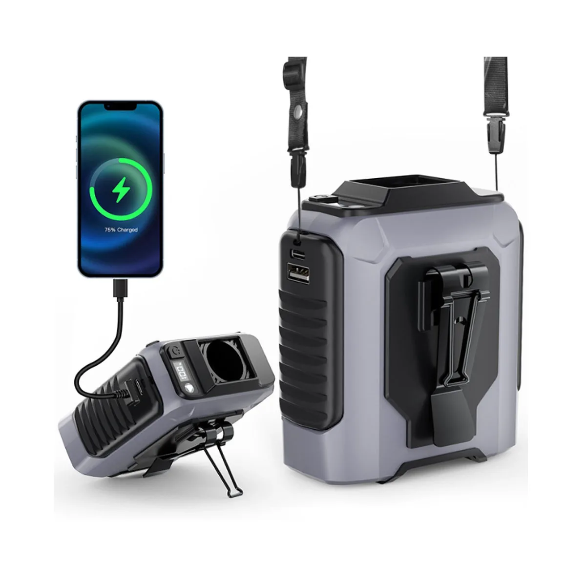 

Portable Neck/Waist/Desk Fan,USB Rechargeable with emergency charging,Flashlight & Stand for Summer Travel Camping Hiking