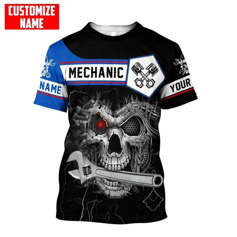 1 Piece Custom Your Picture  Newest Summer Men‘S T-Shirt Personalized Name Mechanic Skull 3D Printed T Shirt Unisex Casual Cool