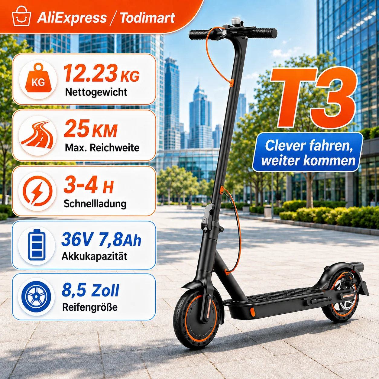 TODIMART T3 Elektroroller für Erwachsene Faltbar 36V 7.8Ah Akku 8.5 Zoll Waben Vollreifen APP Steuerung Doppelbremse Blinker Leicht Tragbar 120KG Belastung