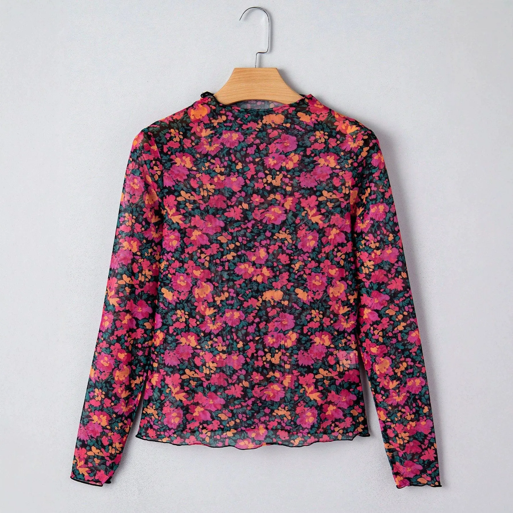Women's Autumn Mesh Turtleneck Slim Fit Long Sleeve T-shirt Casual Women's Blouse T-shirt Woman Tops Mesh Sheer Boho Style view 5