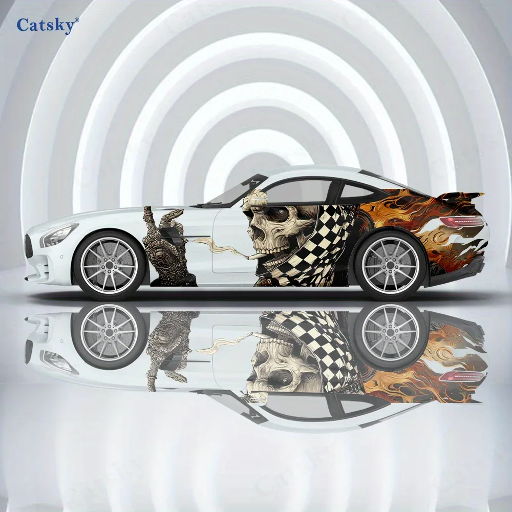 Racing Flag Flame Skull Car Vinyl Wraps Decal Self-adhesive PVC Sticker Suitable for Trucks SUV Decoration Auto Accessories Gift