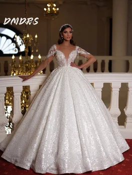 Affascinante abito da sposa a maniche corte 2025 lussuoso abito da sposa con perline abito formale lungo fino al pavimento con perline personalizzato